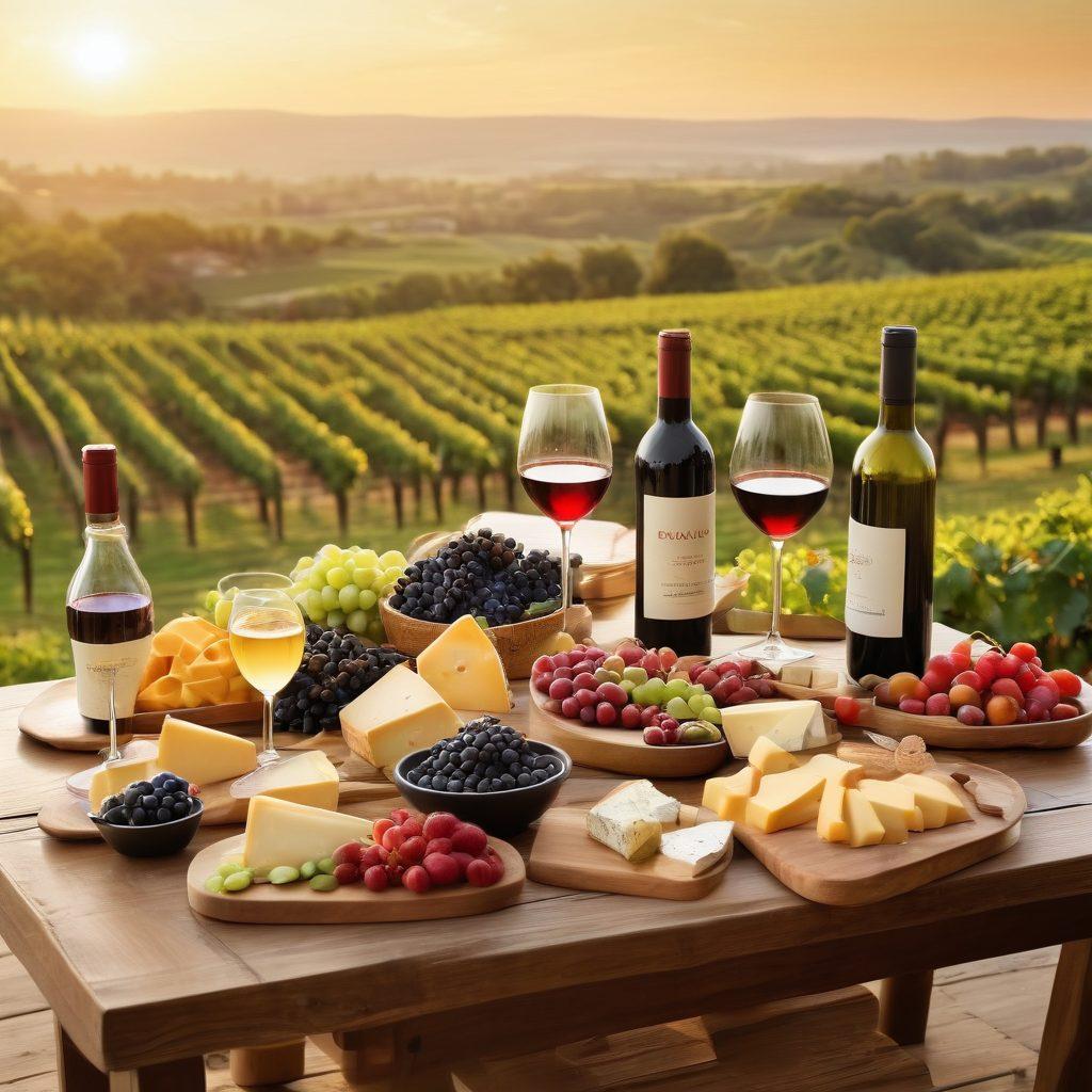 A beautifully arranged wooden table set outdoors, covered with an elegant array of wine bottles, cheese platters, and fresh fruits. In the background, a scenic vineyard stretches under a golden sunset sky, with playful wine glasses catching the light. An inviting atmosphere suggests all-day enjoyment and exploration of wine varieties. super-realistic. warm tones. natural setting.