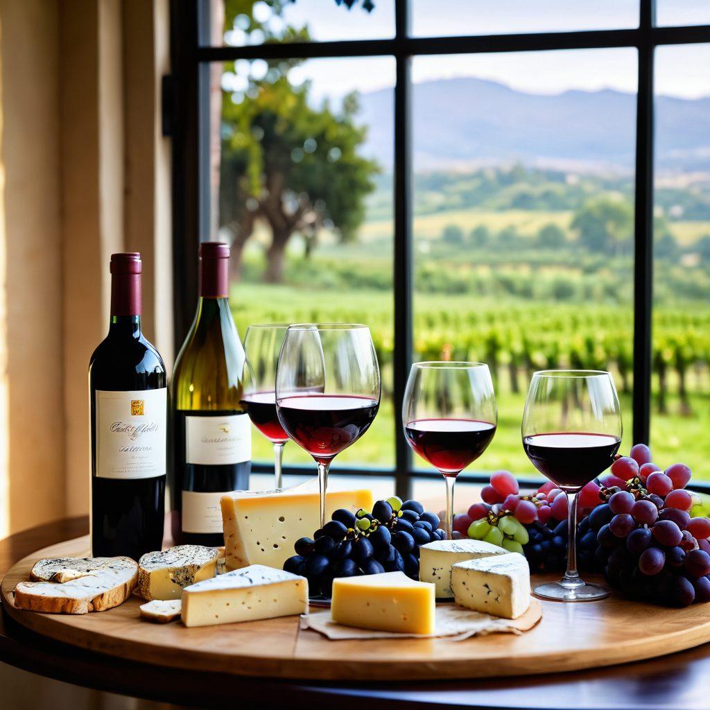 A beautifully arranged wine tasting scene featuring an elegant table with an assortment of affordable and premium wine bottles, crystal glasses filled with red and white wine, accompanied by an array of gourmet cheeses and grapes. Soft, warm lighting enhances the cozy atmosphere, with a vineyard background visible through a window. Emphasize a luxurious yet inviting feel that showcases the journey of wine from grape to glass. super-realistic. vibrant colors. soft lighting.