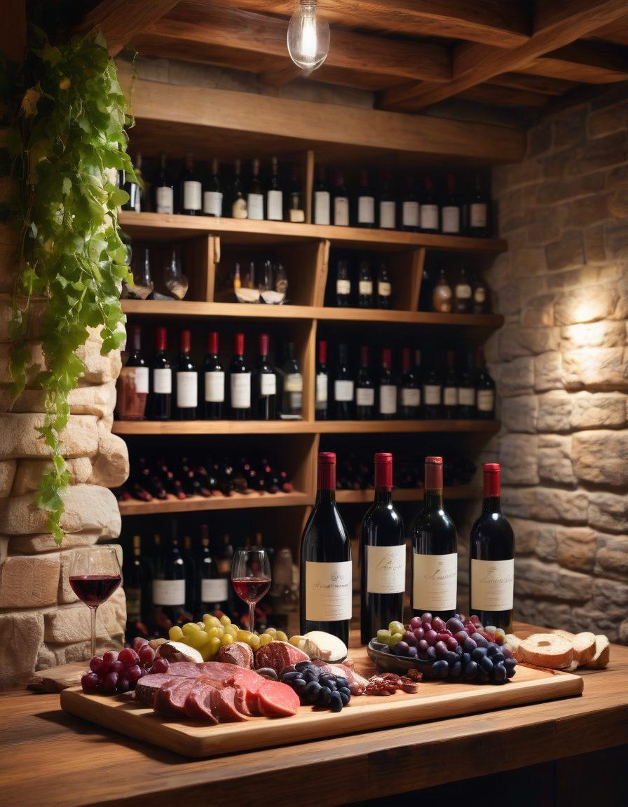 A cozy, sophisticated wine cellar with wooden shelves lined with diverse bottles of wine, soft ambient lighting creating a warm atmosphere. A curated selection of wine glasses and a charcuterie board on a rustic table, showcasing the art of wine enjoyment. Include delicate vines and grapes in the background for a touch of nature. super-realistic. vibrant colors. soft focus.